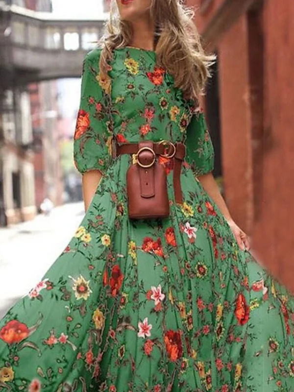 Women's Chiffon Floral Print Crew Neck Long Dress Maxi Dress Bohemia Green