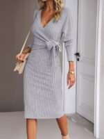Casual Regular Fit Plain Long Sleeve V Neck Sweater Dress Gray