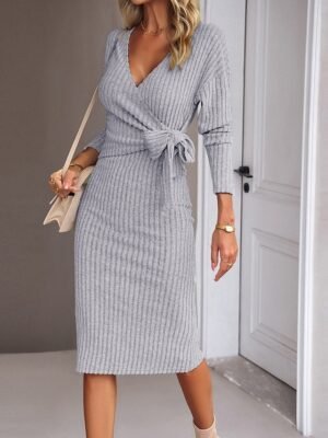 Casual Regular Fit Plain Long Sleeve V Neck Sweater Dress Gray