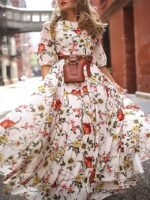 Women's Chiffon Floral Print Crew Neck Long Dress Maxi Dress Bohemia White