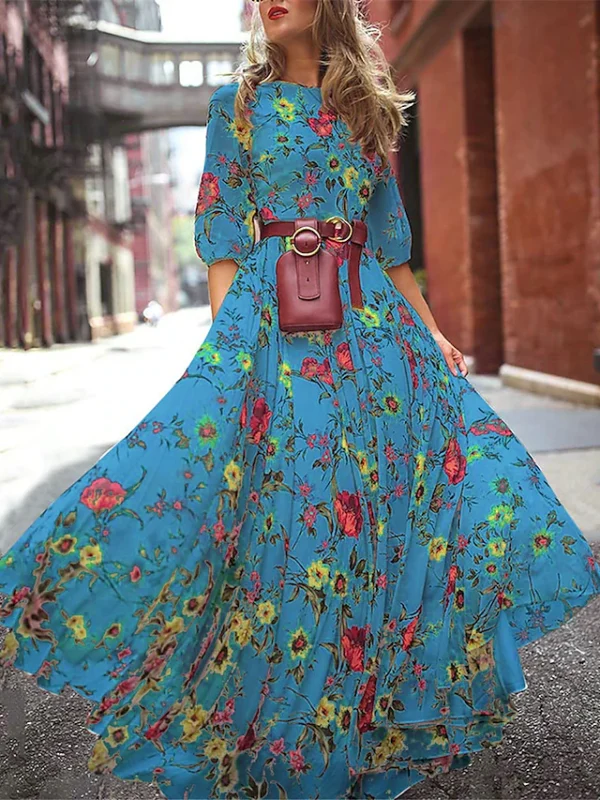 Chiffon Floral Print Crew Neck Long Dress Maxi Dress Bohemia Blue