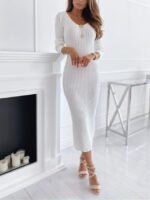 Casual Warm  Daily Pure Color Long Sleeve V Neck Sweater Dress White