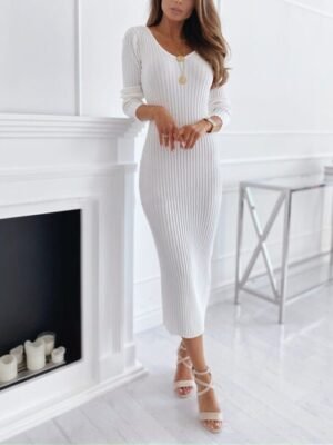 Casual Warm  Daily Pure Color Long Sleeve V Neck Sweater Dress White