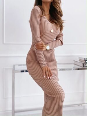 Casual Warm  Daily Pure Color Long Sleeve V Neck Sweater Dress khaki