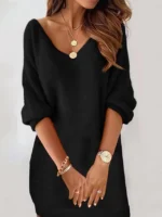 Casual Dress Winter Dress Shift Dress Fashion Modern Regular Fit Pure Color Long Sleeve V Neck Black