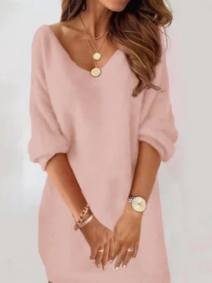 Fashion Modern Regular Fit Pure Color Long Sleeve V Neck Casual Dress Winter Dress Pink