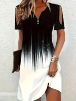 Women's Geometric Polka Dot Eyelet Print V Neck Mini Dress Bohemia Casual Black