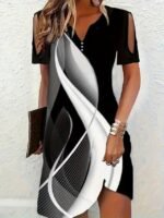 Women's Geometric Polka Dot Eyelet Print V Neck Mini Dress Bohemia Casual White