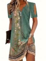 Geometric Polka Dot Eyelet Print V Neck Mini Dress Bohemia Casual Green Dress