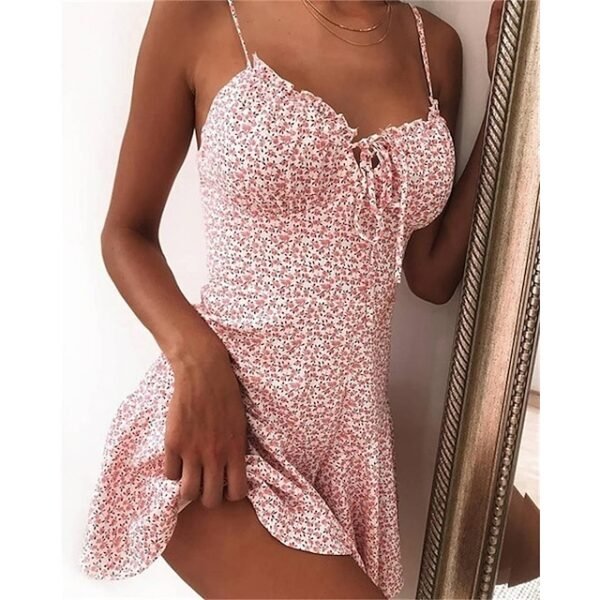 Sundress Floral Dress Mini Dress Sleeveless Floral Lace Strap Hot Vacation Dress Pink